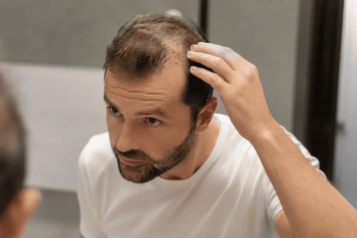 Man checking his thinning hairline in a mirror